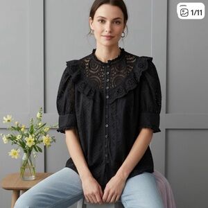 House of Harlow 1960 Black Eyelet Blouse - Size Medium